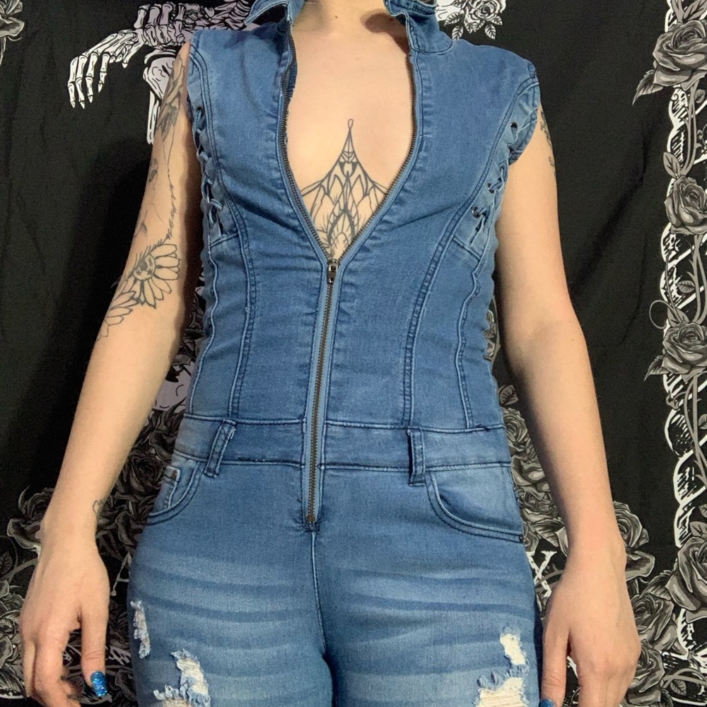 Zip up denim jump suit